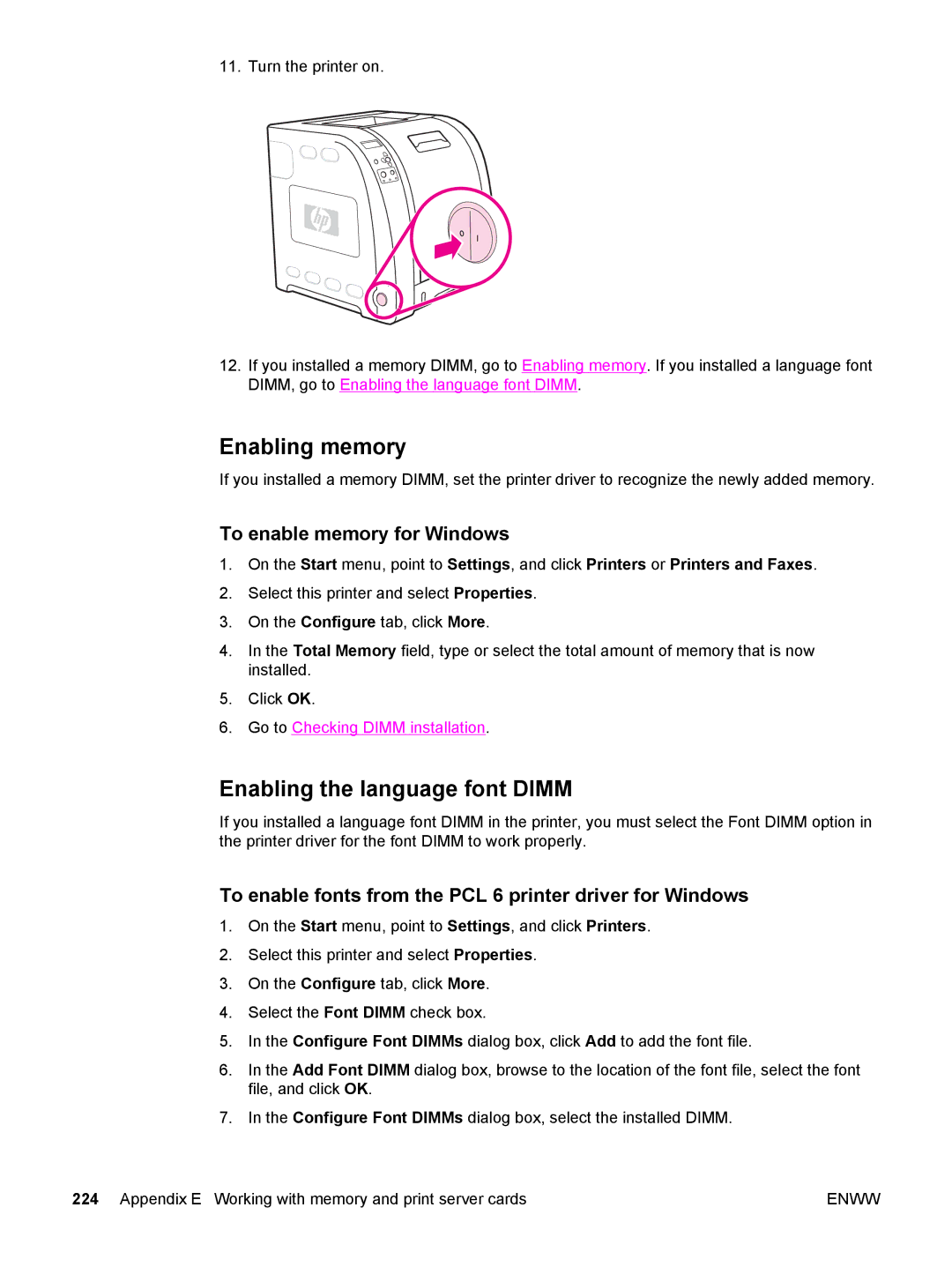 HP 3700, 3500 manual Enabling memory, Enabling the language font Dimm, To enable memory for Windows 