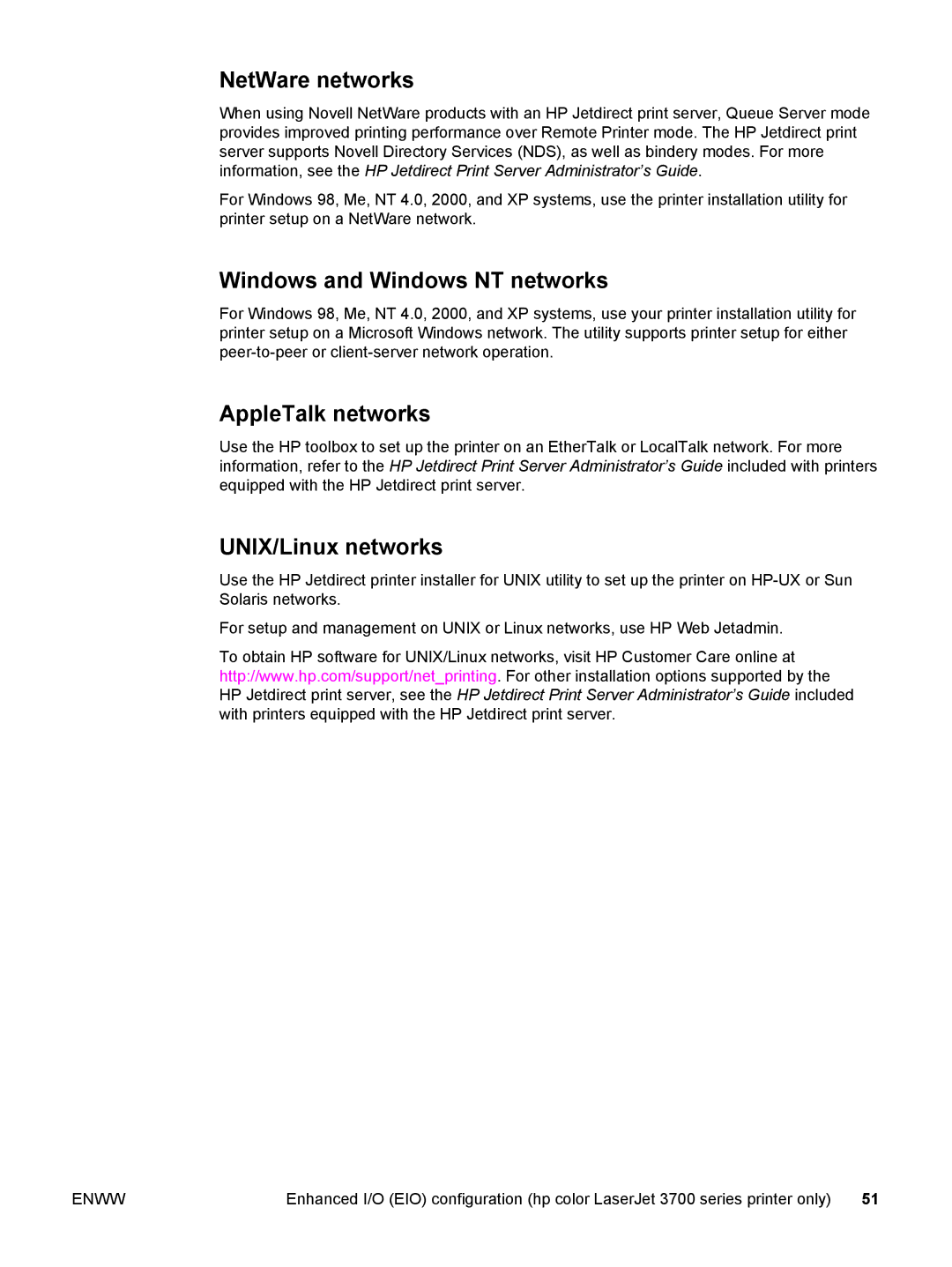 HP 3500, 3700 manual NetWare networks, Windows and Windows NT networks, AppleTalk networks, UNIX/Linux networks 