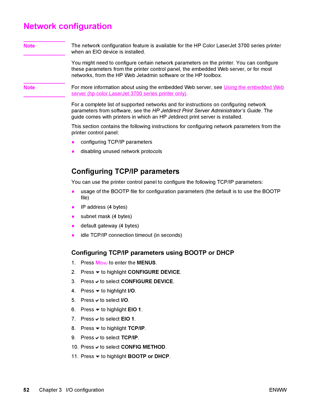 HP 3700, 3500 manual Network configuration, Configuring TCP/IP parameters using Bootp or Dhcp 