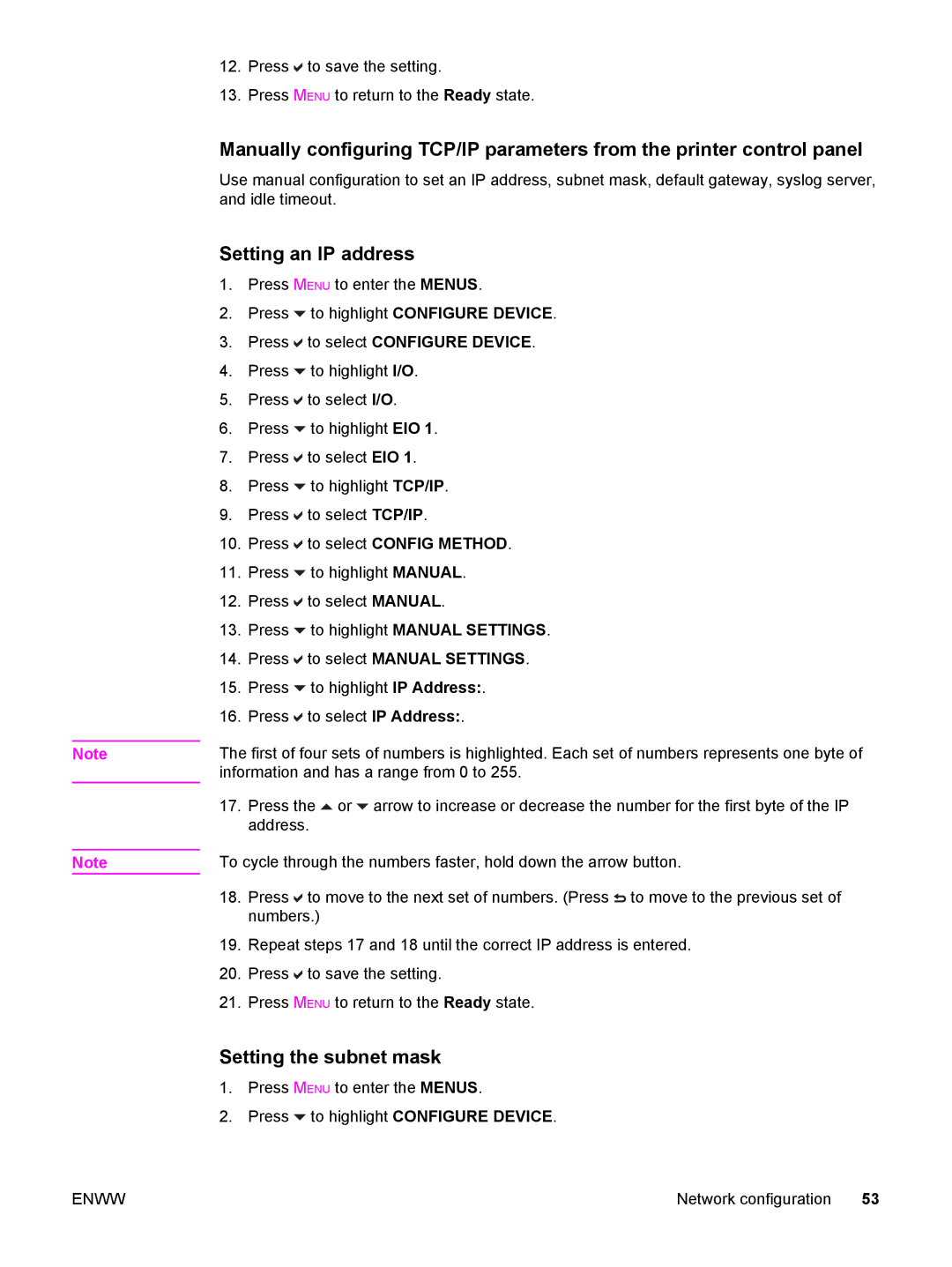 HP 3500, 3700 manual Setting an IP address, Setting the subnet mask 