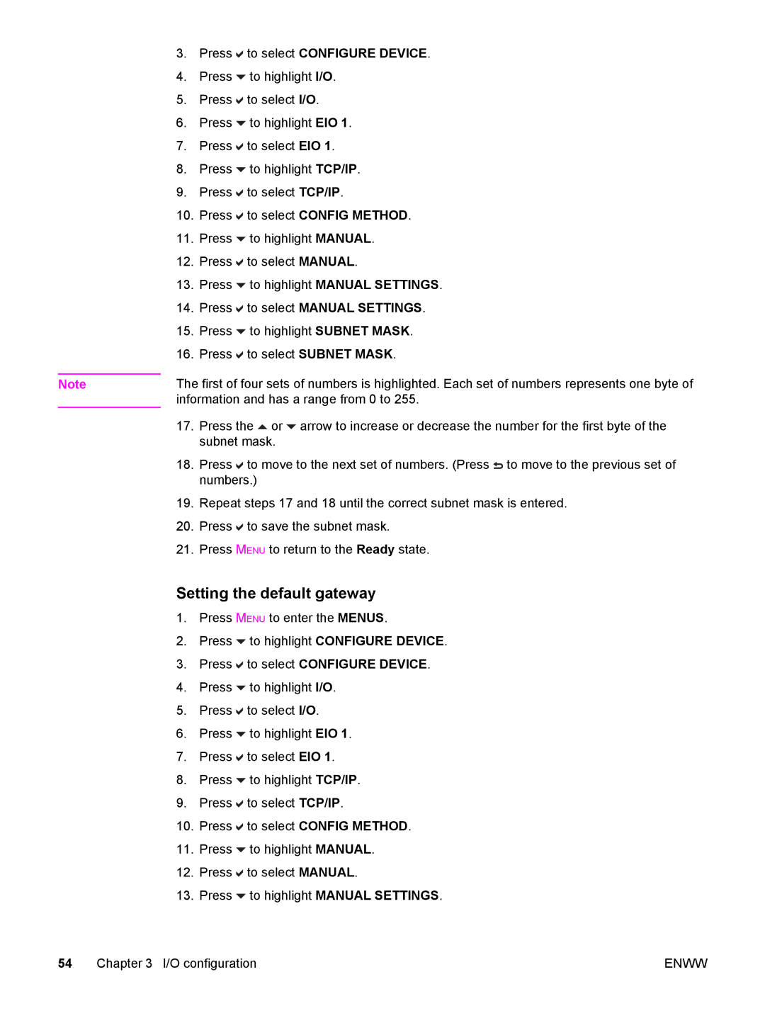 HP 3700 Setting the default gateway, To select Configure Device, To select Config Method, To highlight Manual Settings 