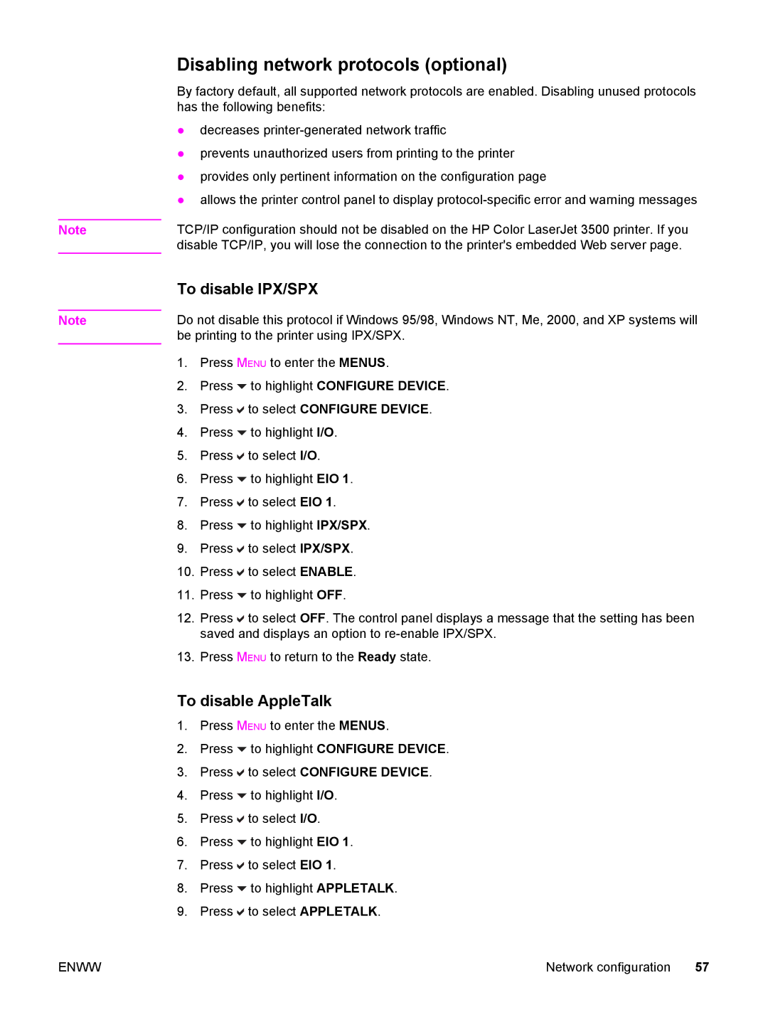 HP 3500, 3700 manual Disabling network protocols optional, To disable IPX/SPX, To disable AppleTalk 