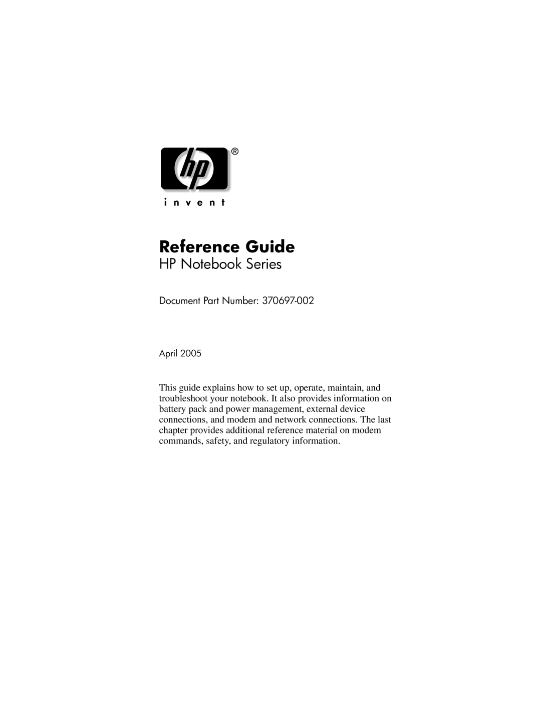 HP 370697-002 manual Reference Guide 