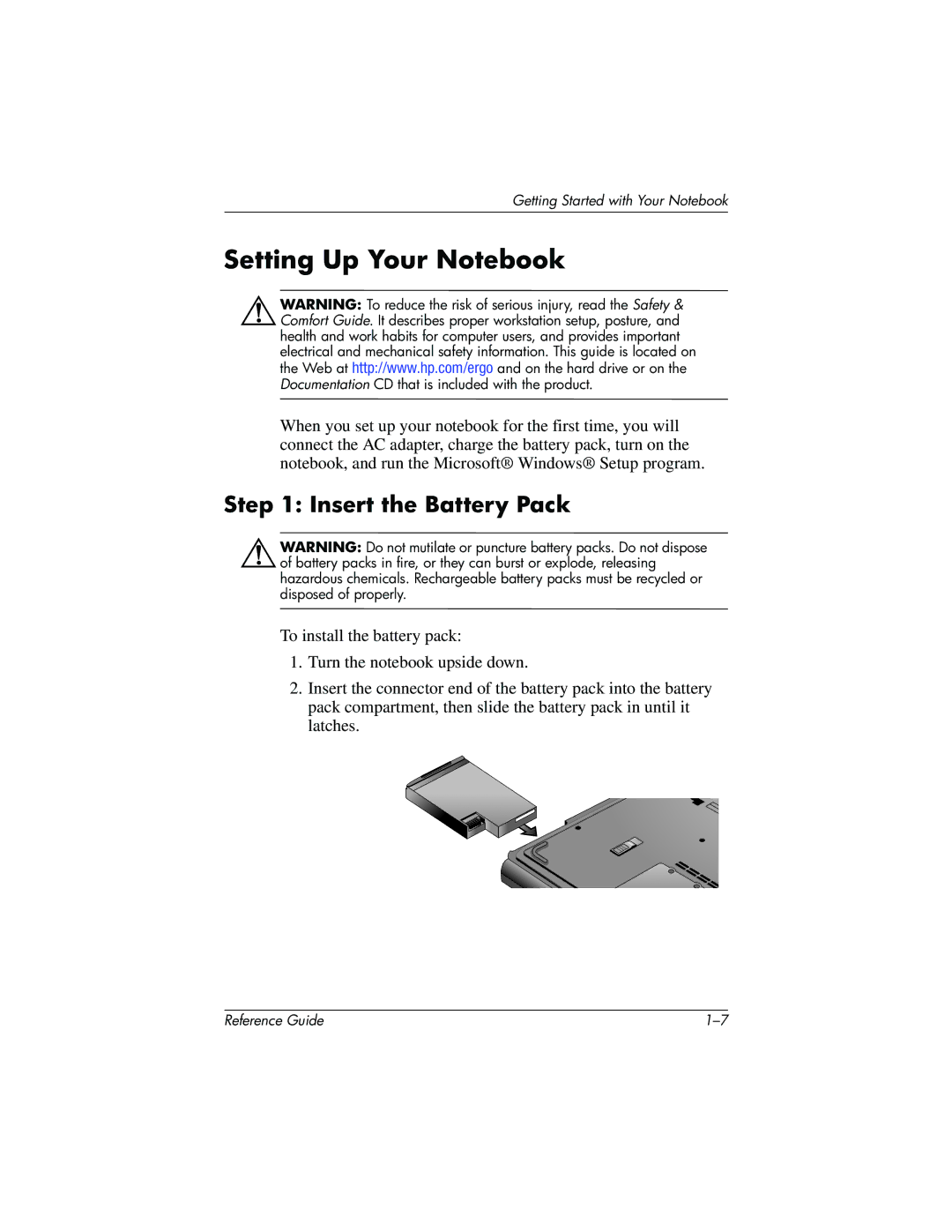 HP 370697-002 manual Setting Up Your Notebook, Insert the Battery Pack 