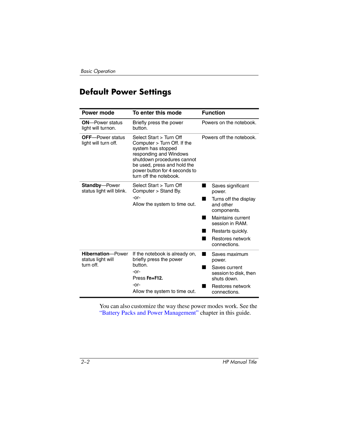 HP 370697-002 manual Default Power Settings, Power mode To enter this mode Function 