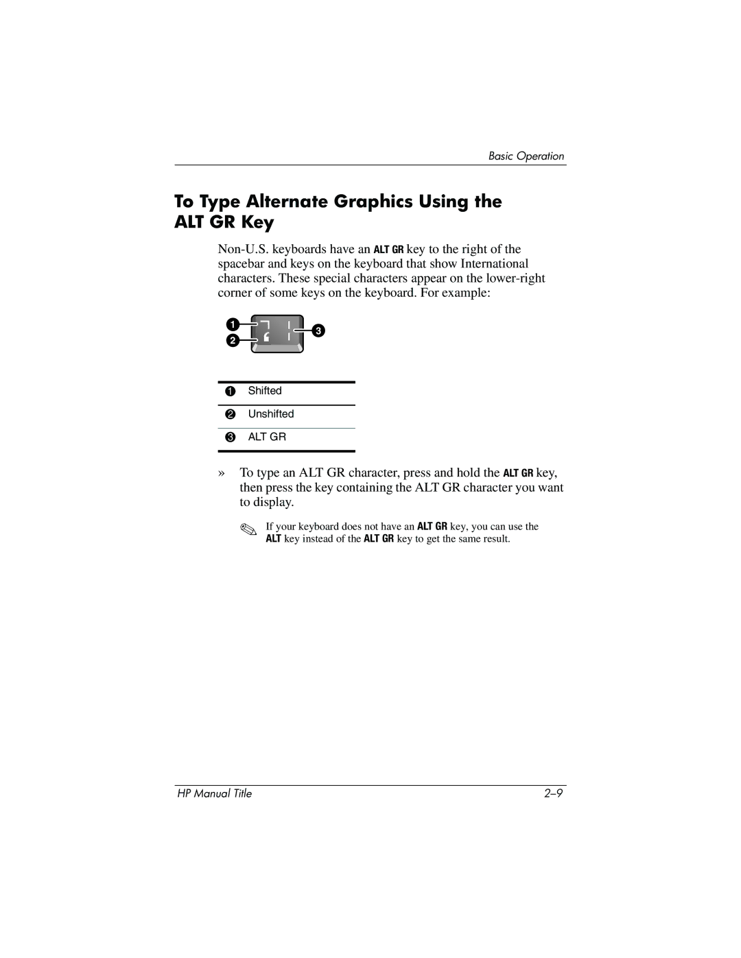 HP 370697-002 manual To Type Alternate Graphics Using the ALT GR Key 