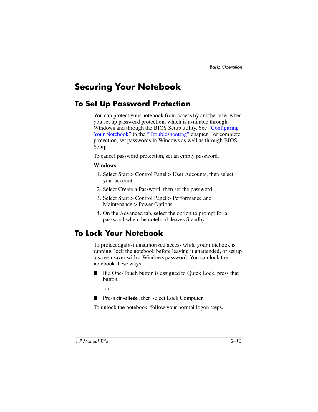 HP 370697-002 manual Securing Your Notebook, To Set Up Password Protection, To Lock Your Notebook 