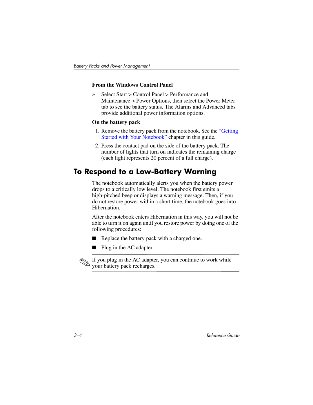 HP 370697-002 manual To Respond to a Low-Battery Warning, From the Windows Control Panel 