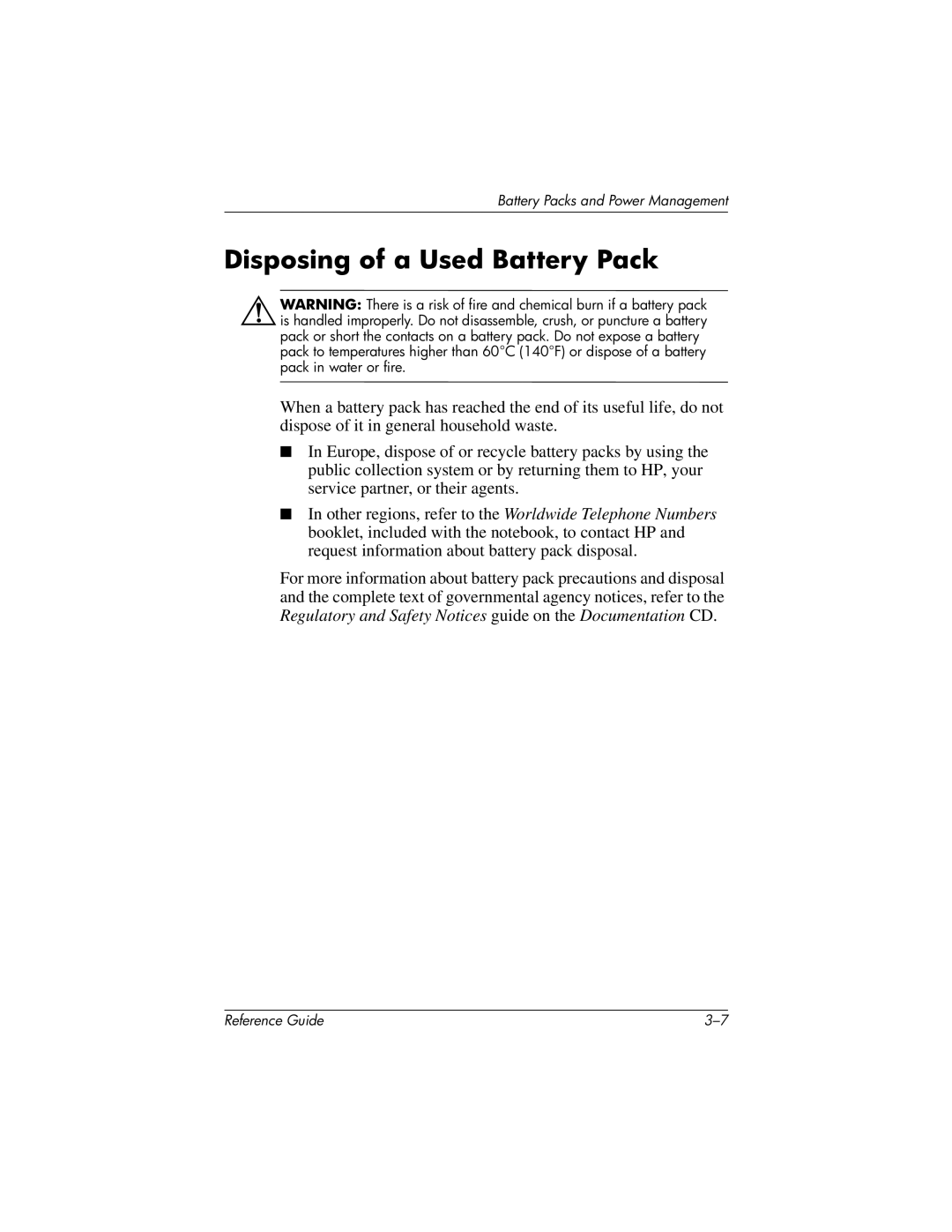 HP 370697-002 manual Disposing of a Used Battery Pack 