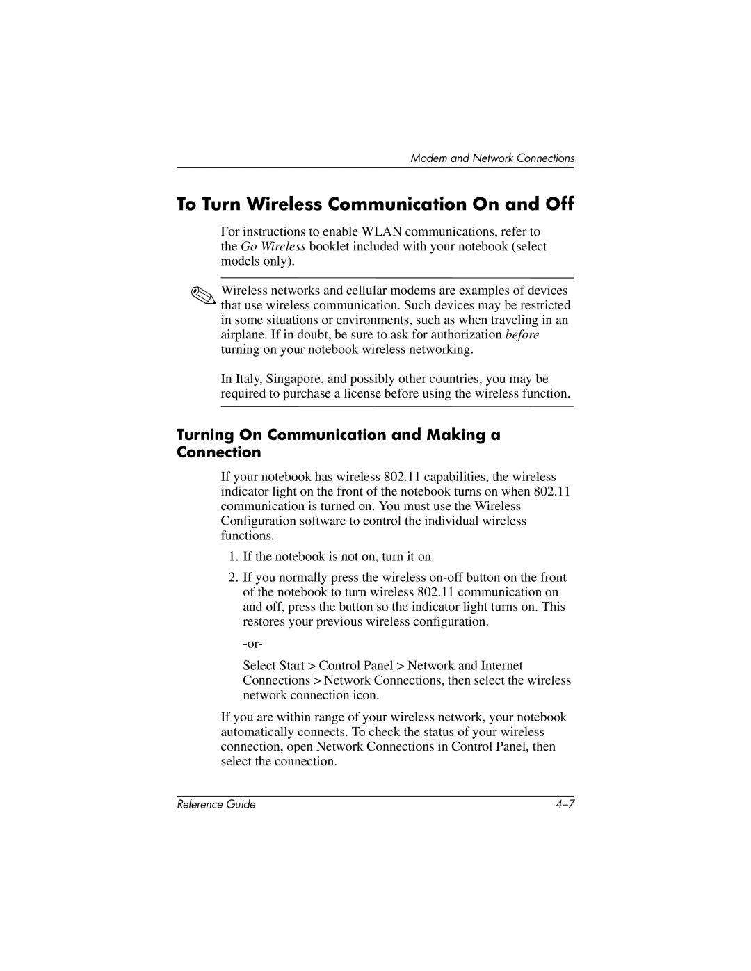 HP 370697-002 manual To Turn Wireless Communication On and Off, Turning On Communication and Making a Connection 