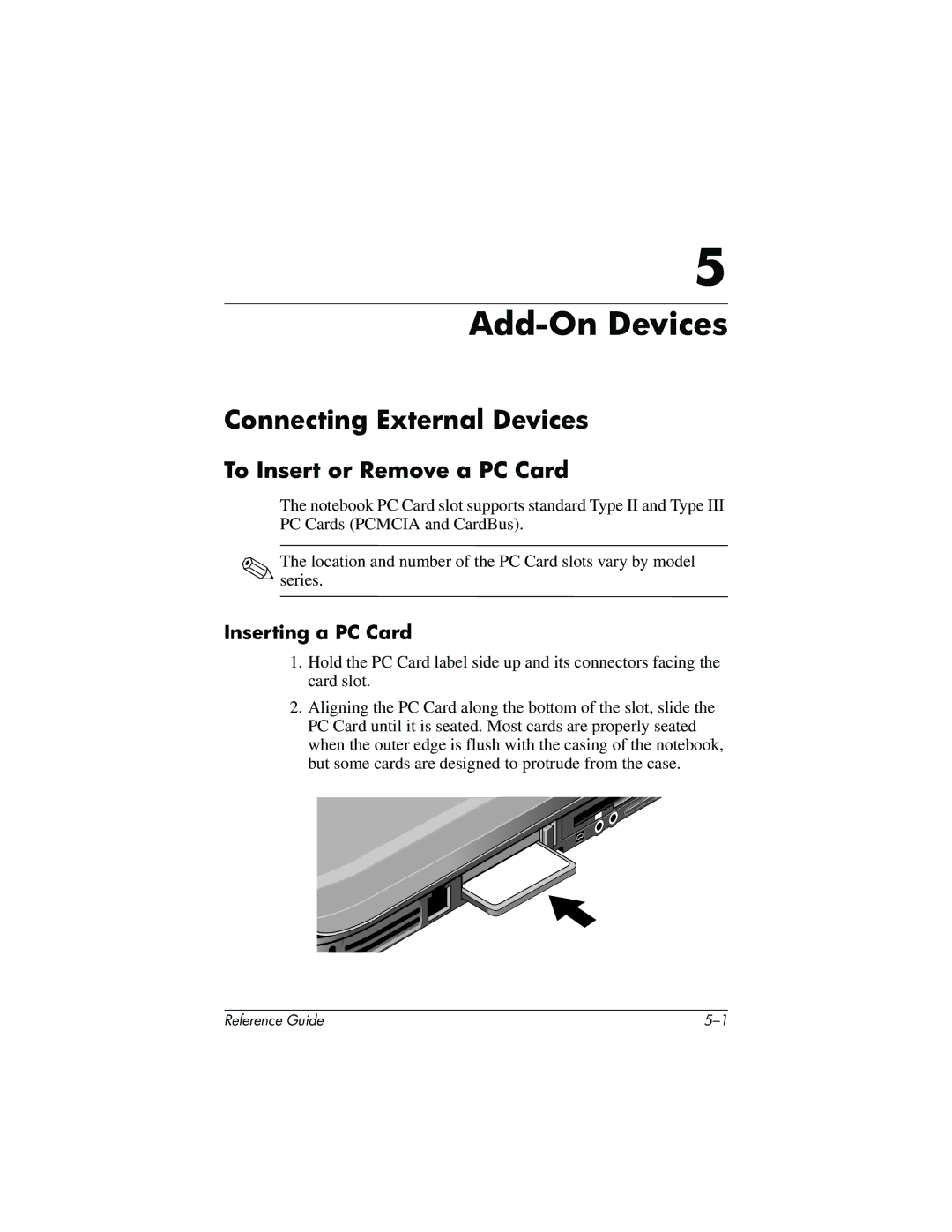 HP 370697-002 manual Connecting External Devices, To Insert or Remove a PC Card, Inserting a PC Card 