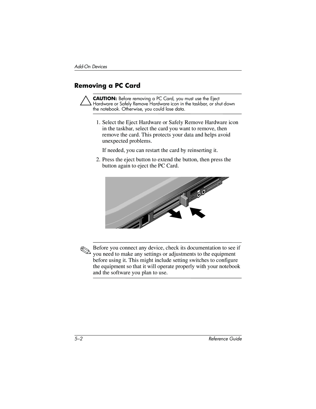 HP 370697-002 manual Removing a PC Card 