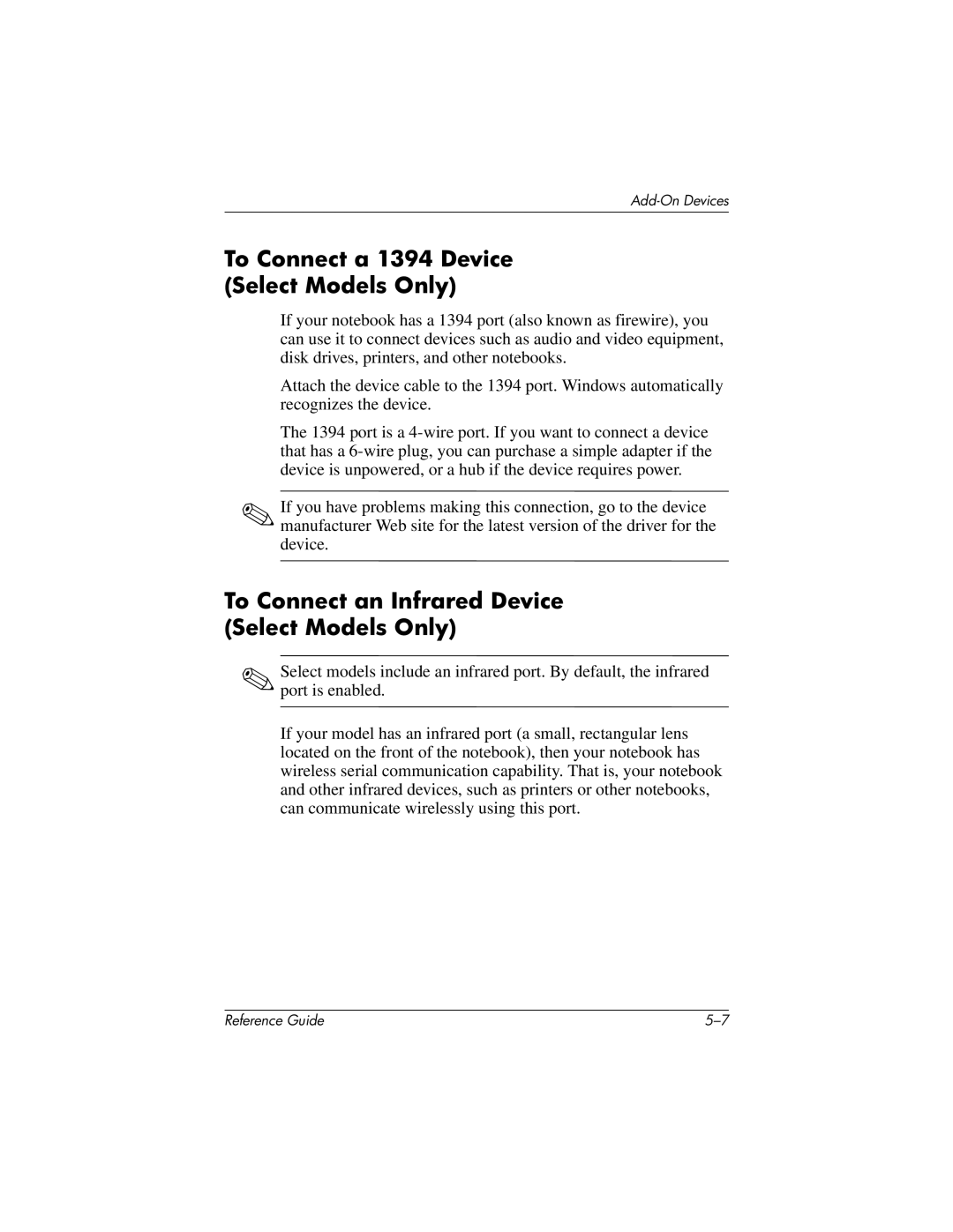 HP 370697-002 manual To Connect a 1394 Device Select Models Only, To Connect an Infrared Device Select Models Only 