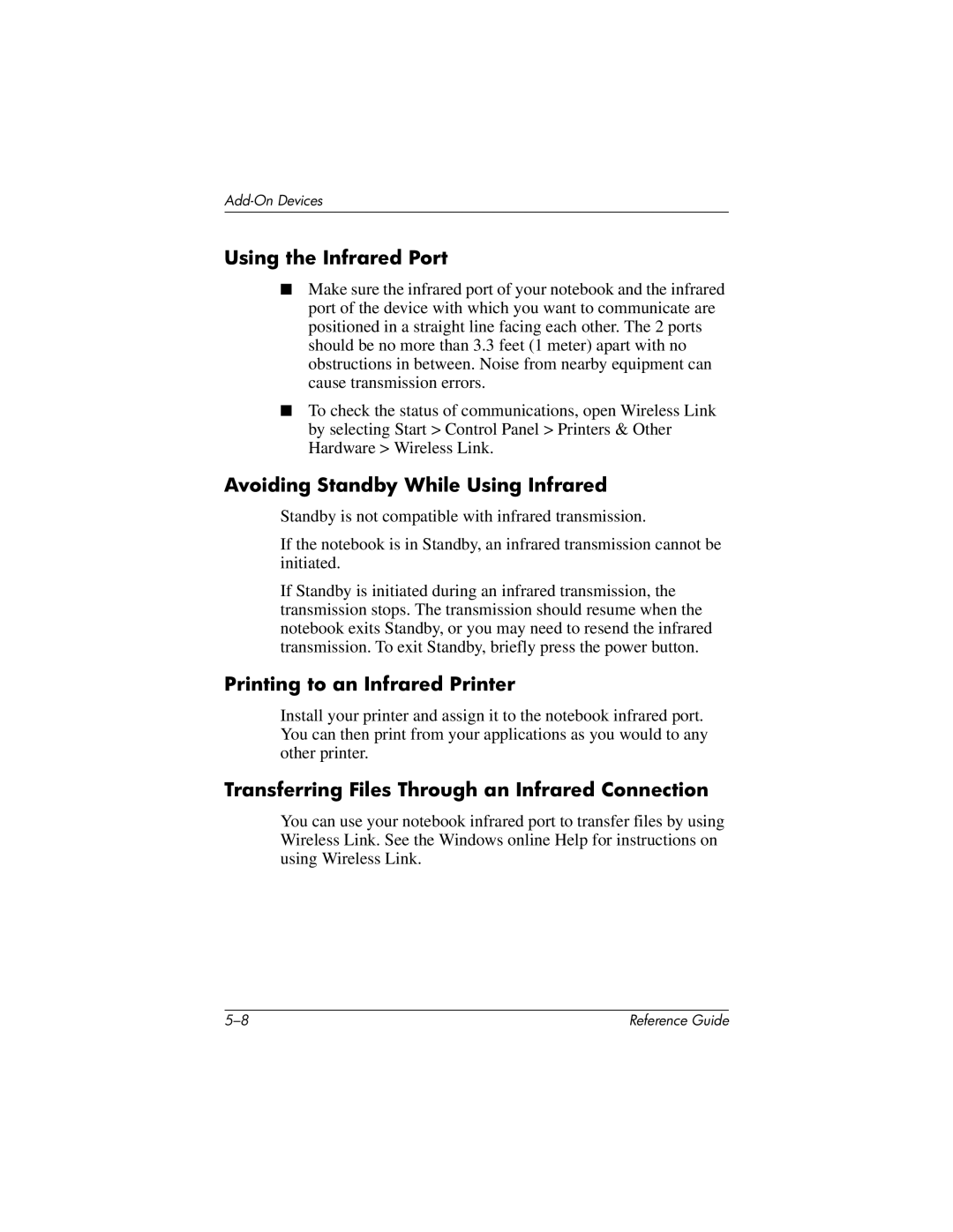 HP 370697-002 manual Using the Infrared Port, Avoiding Standby While Using Infrared, Printing to an Infrared Printer 