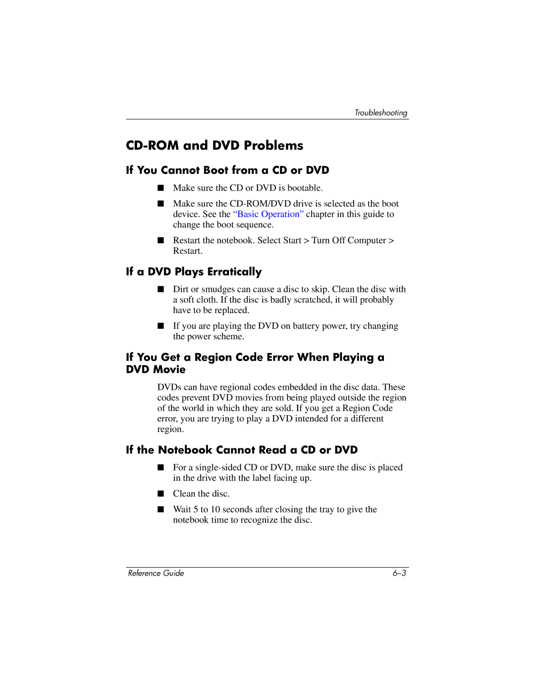 HP 370697-002 manual CD-ROM and DVD Problems, If You Cannot Boot from a CD or DVD, If a DVD Plays Erratically 