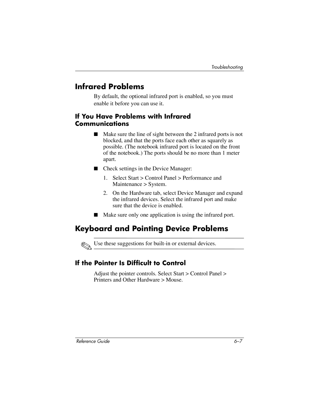 HP 370697-002 Infrared Problems, Keyboard and Pointing Device Problems, If You Have Problems with Infrared Communications 