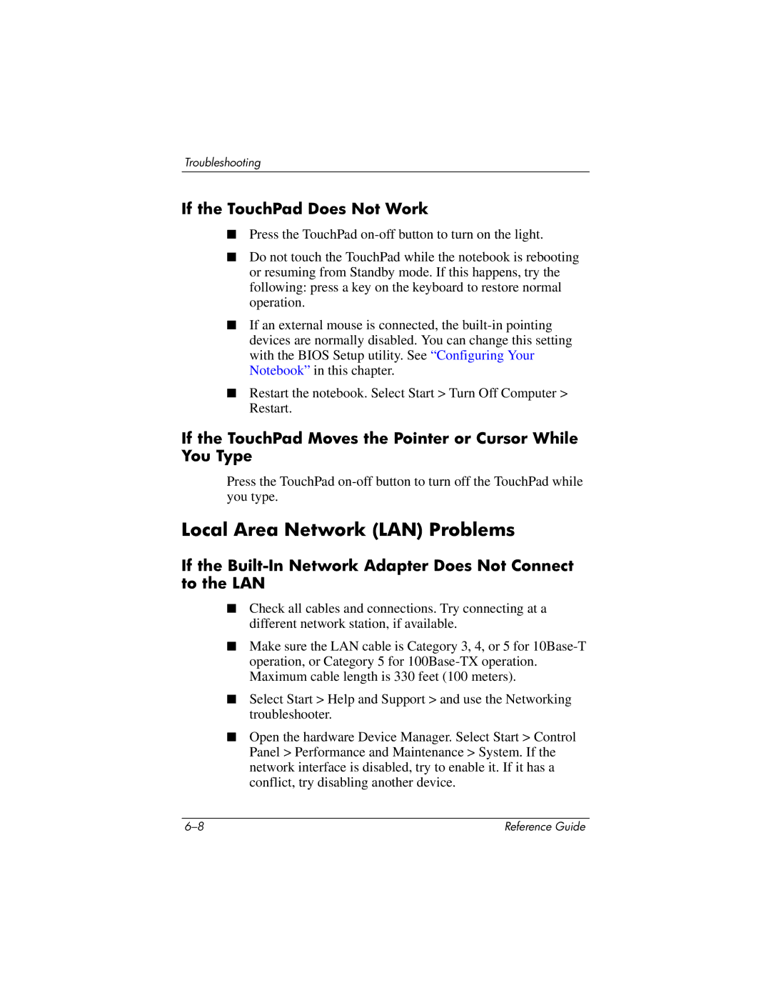 HP 370697-002 manual Local Area Network LAN Problems, If the TouchPad Does Not Work 