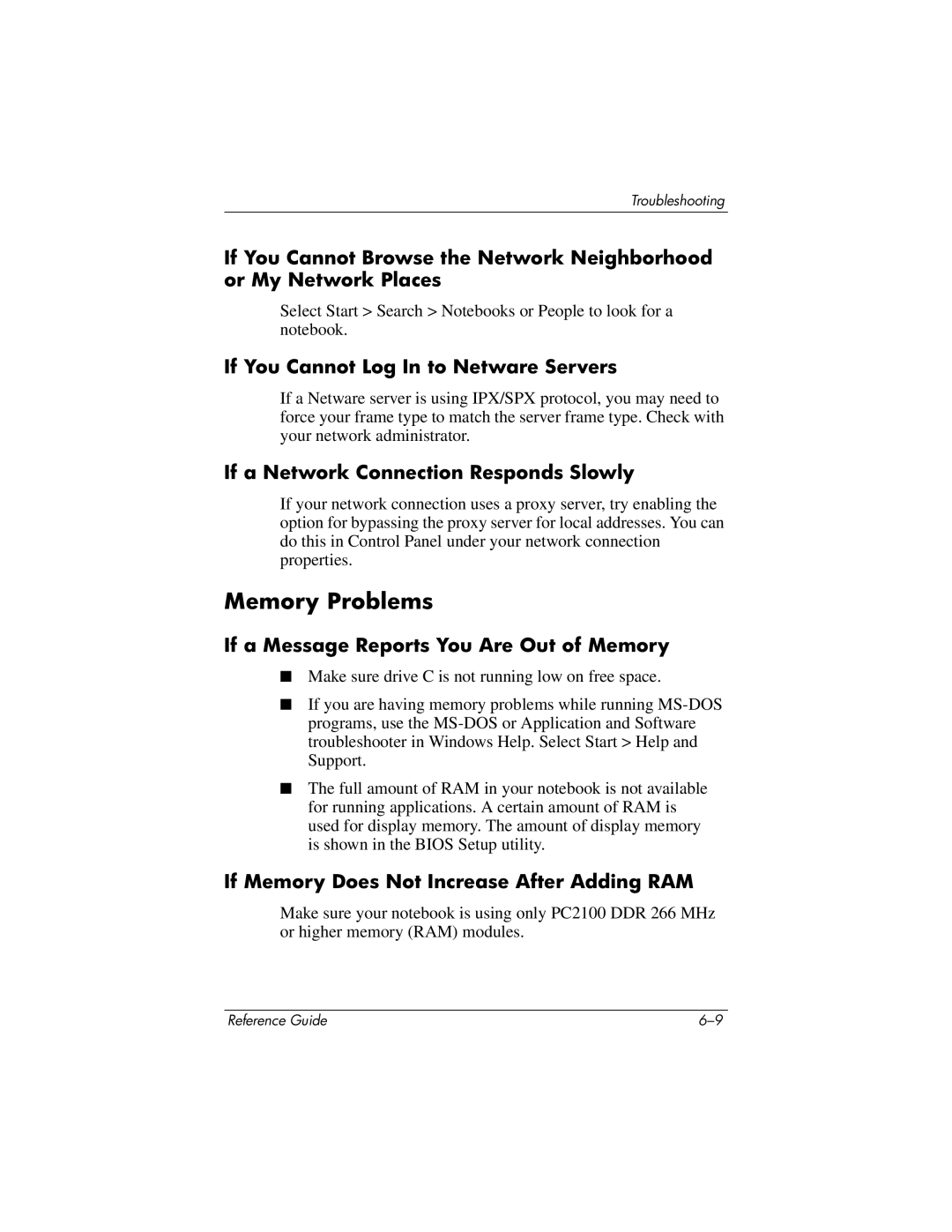 HP 370697-002 manual Memory Problems, If You Cannot Log In to Netware Servers, If a Network Connection Responds Slowly 