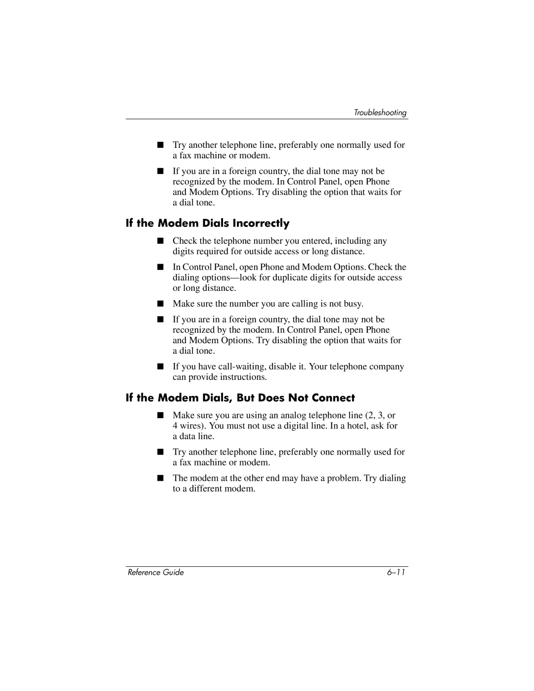 HP 370697-002 manual If the Modem Dials Incorrectly, If the Modem Dials, But Does Not Connect 