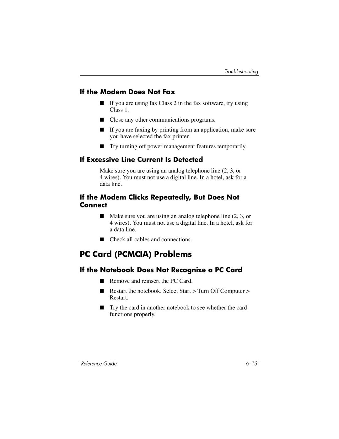 HP 370697-002 manual PC Card Pcmcia Problems, If the Modem Does Not Fax, If Excessive Line Current Is Detected 