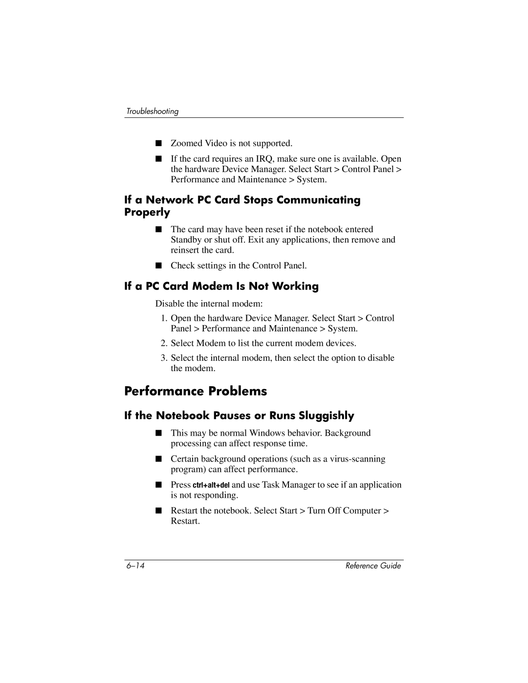 HP 370697-002 Performance Problems, If a Network PC Card Stops Communicating Properly, If a PC Card Modem Is Not Working 