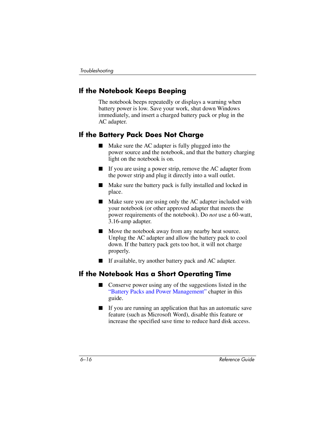 HP 370697-002 manual If the Notebook Has a Short Operating Time 