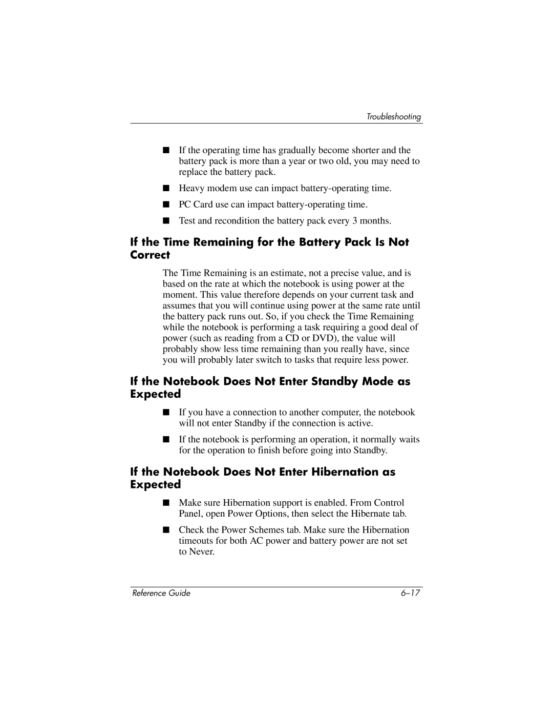 HP 370697-002 manual If the Time Remaining for the Battery Pack Is Not Correct 