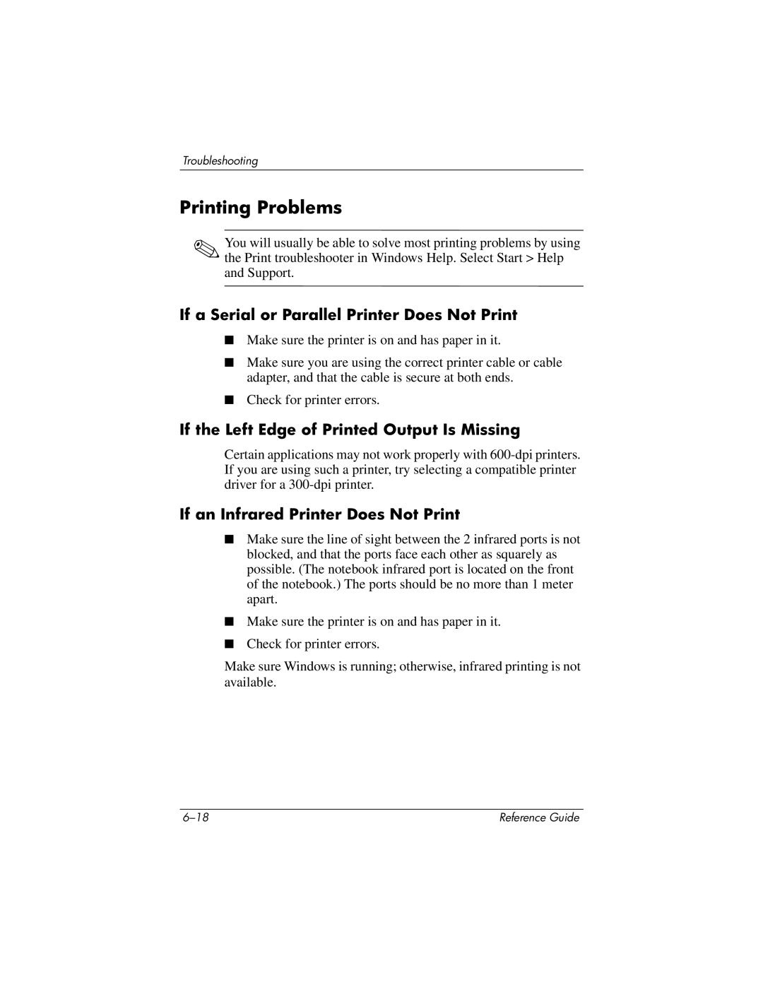 HP 370697-002 Printing Problems, If a Serial or Parallel Printer Does Not Print, If an Infrared Printer Does Not Print 