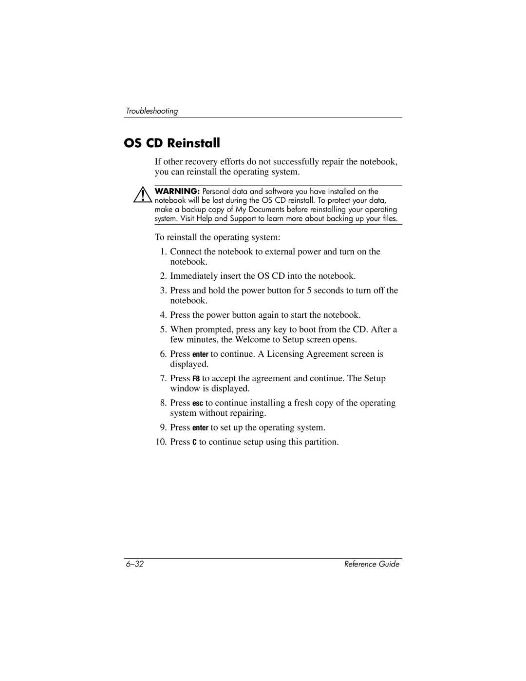 HP 370697-002 manual OS CD Reinstall 