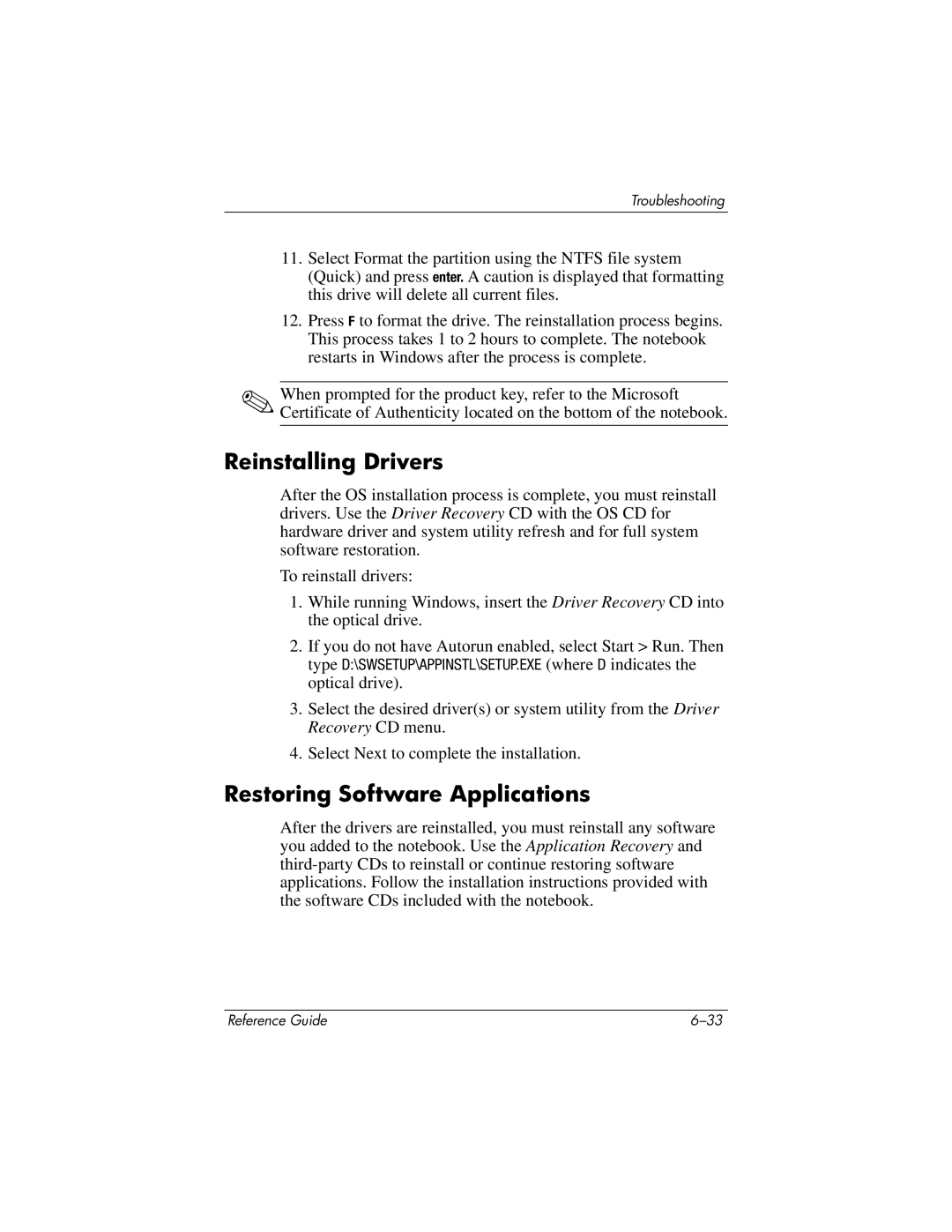 HP 370697-002 manual Reinstalling Drivers, Restoring Software Applications 