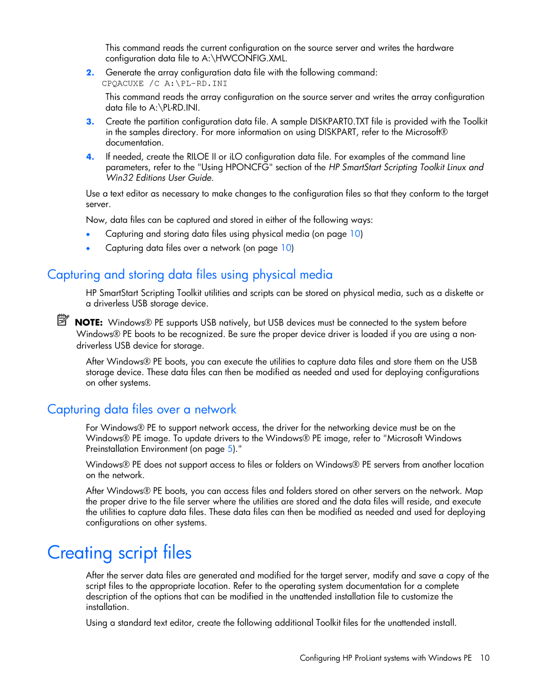 HP 370971-004 manual Creating script files, Cpqacuxe /C A\PL-RD.INI 