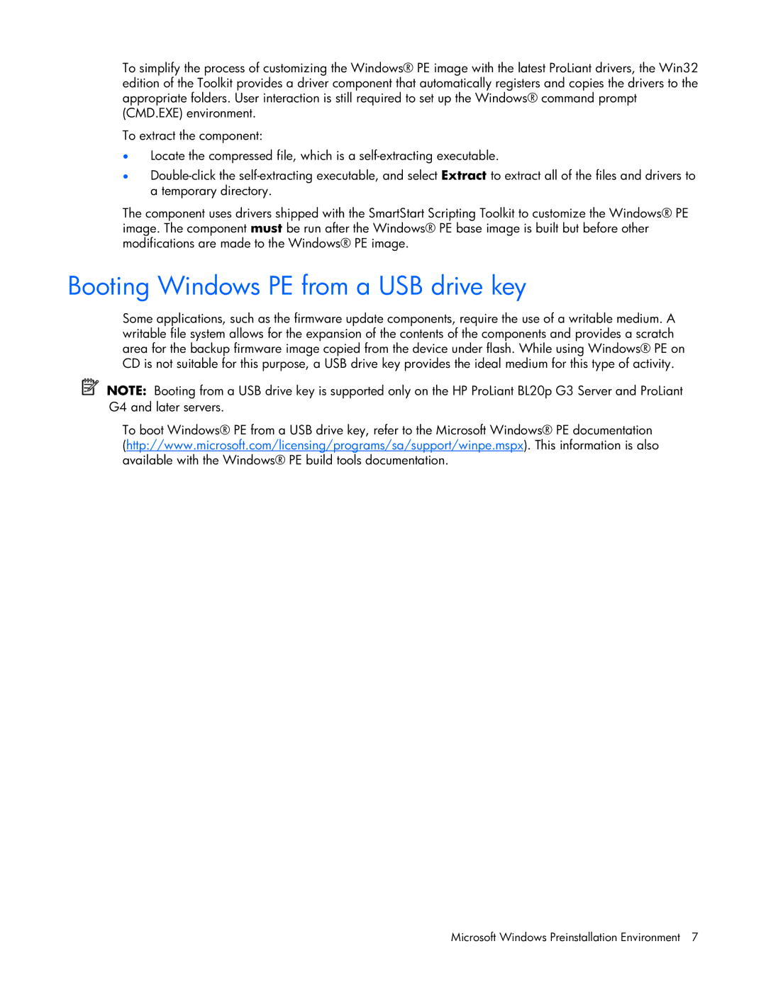 HP 370971-004 manual Booting Windows PE from a USB drive key 