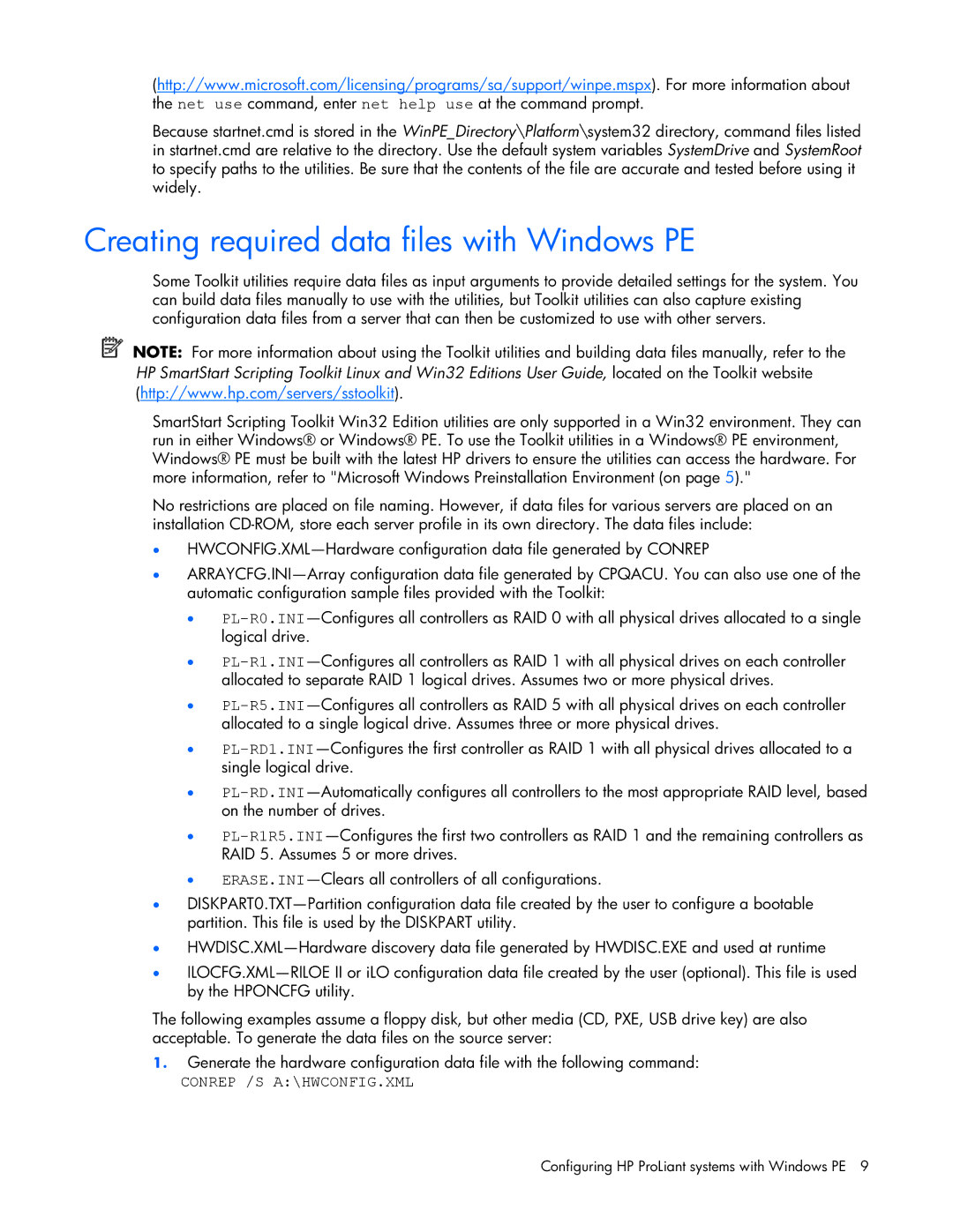 HP 370971-004 manual Creating required data files with Windows PE, Conrep /S A\HWCONFIG.XML 