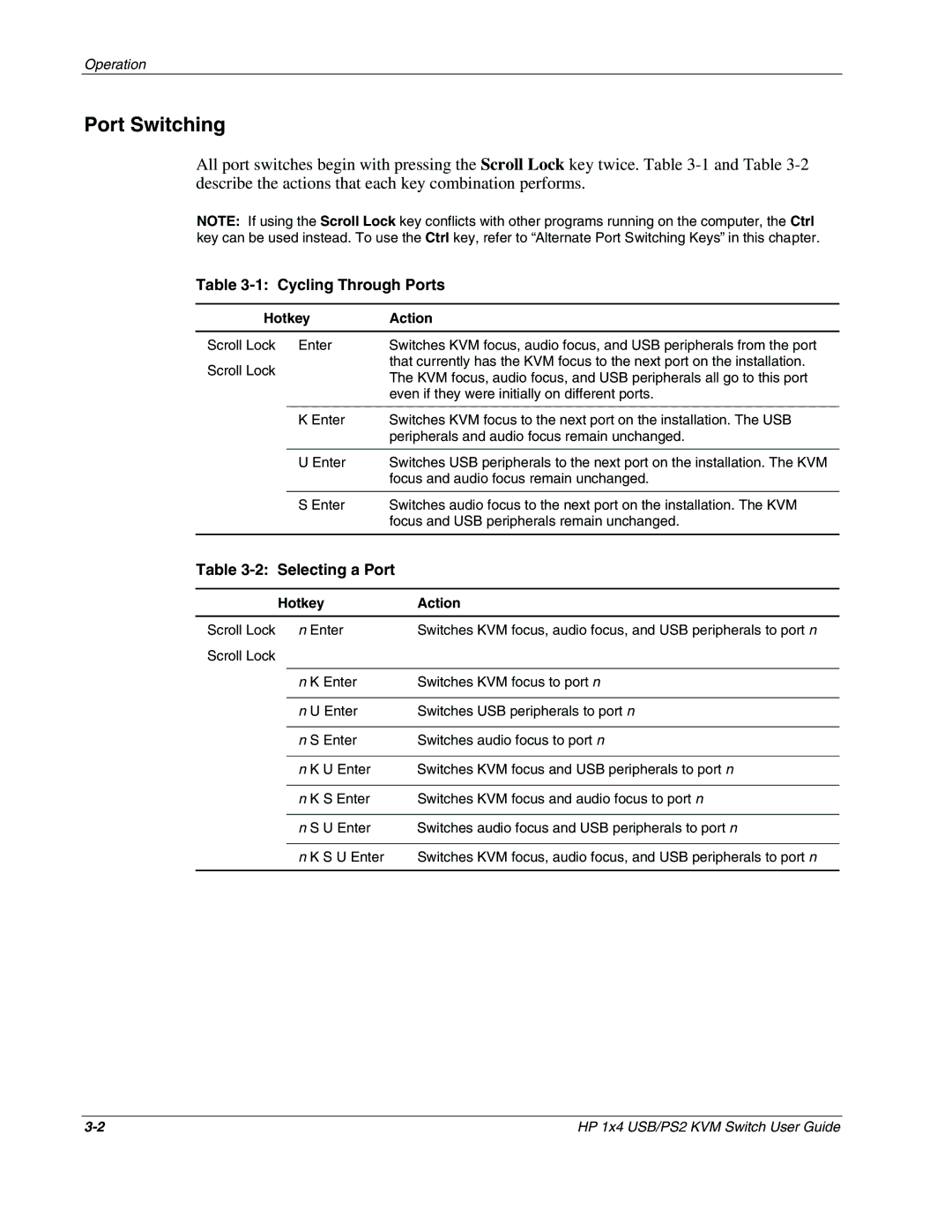 HP 372284-001 manual Port Switching, Cycling Through Ports, Selecting a Port, Hotkey Action 