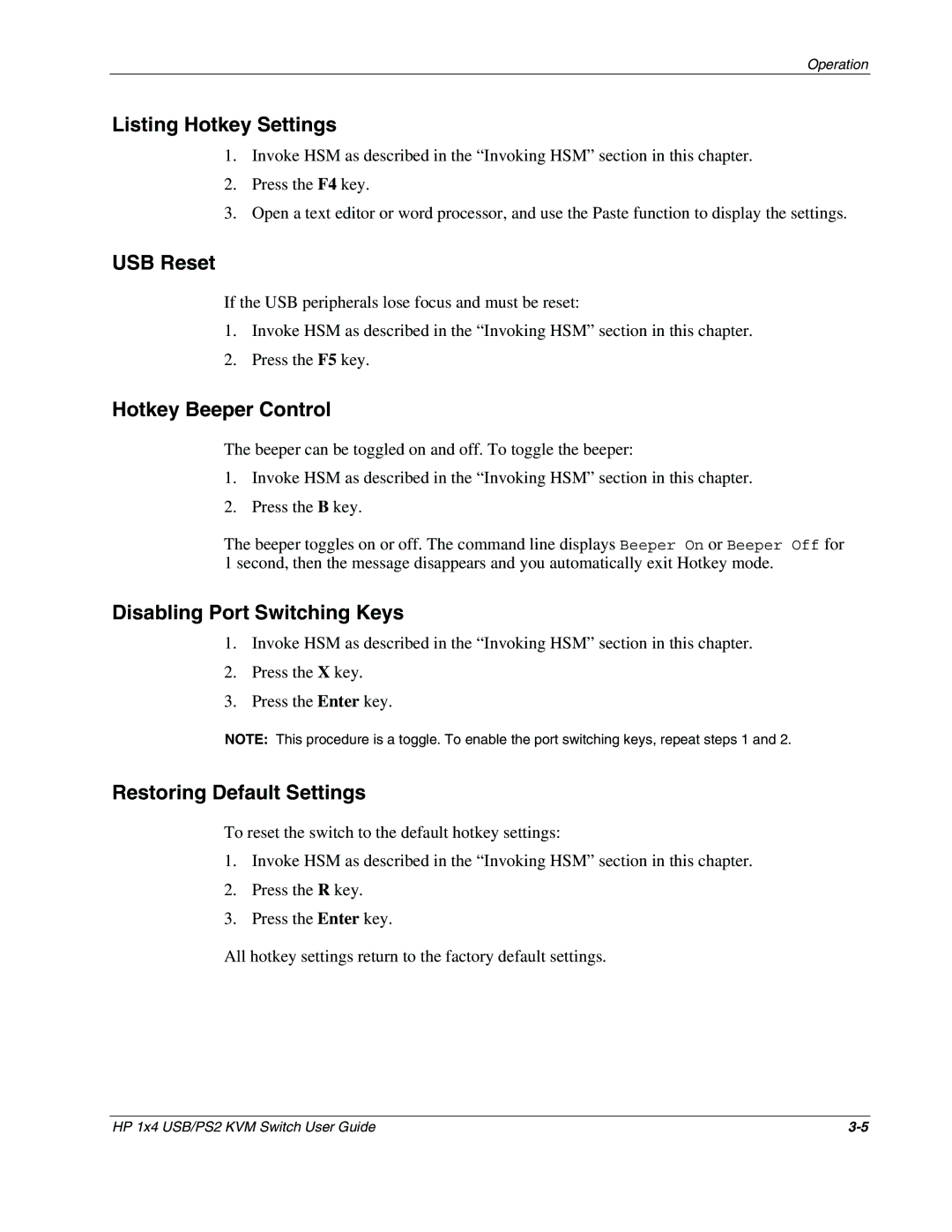 HP 372284-001 manual Listing Hotkey Settings, USB Reset, Hotkey Beeper Control, Disabling Port Switching Keys 