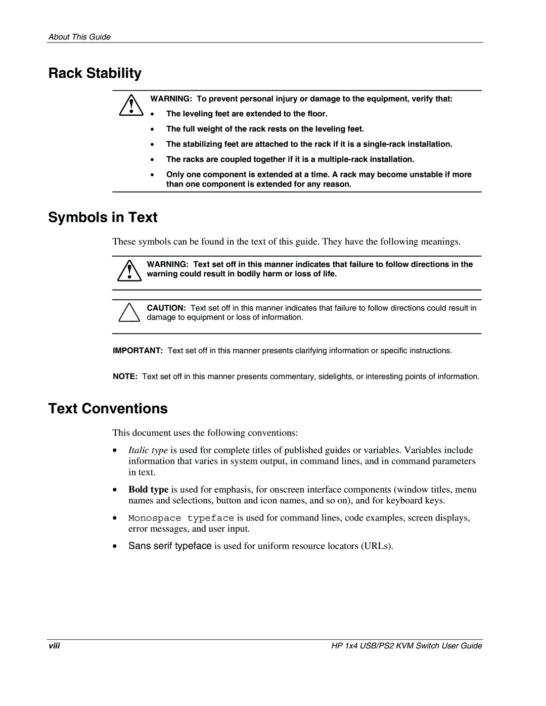 HP 372284-001 manual Rack Stability, Symbols in Text, Text Conventions 