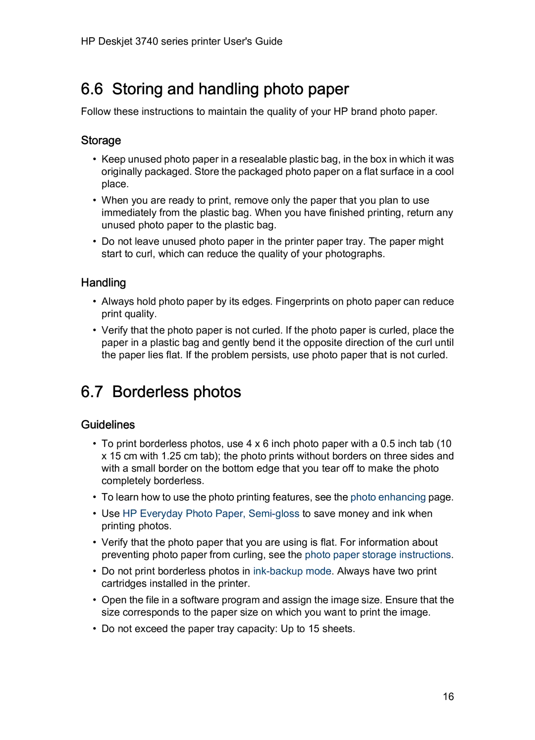 HP 3740 manual Storing and handling photo paper, Borderless photos, Storage, Handling, Guidelines 