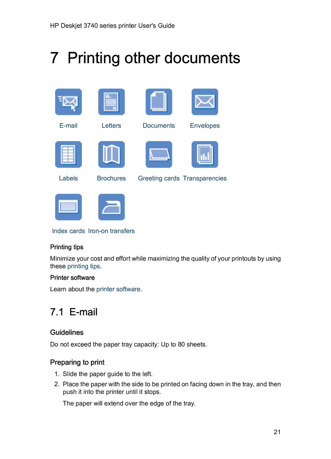 HP 3740 manual Printing other documents, Mail 