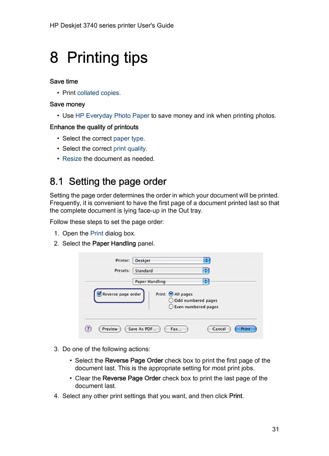 HP 3740 manual Printing tips, Setting the page order 