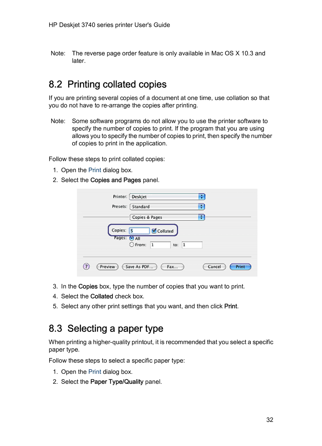 HP 3740 manual Printing collated copies, Selecting a paper type 