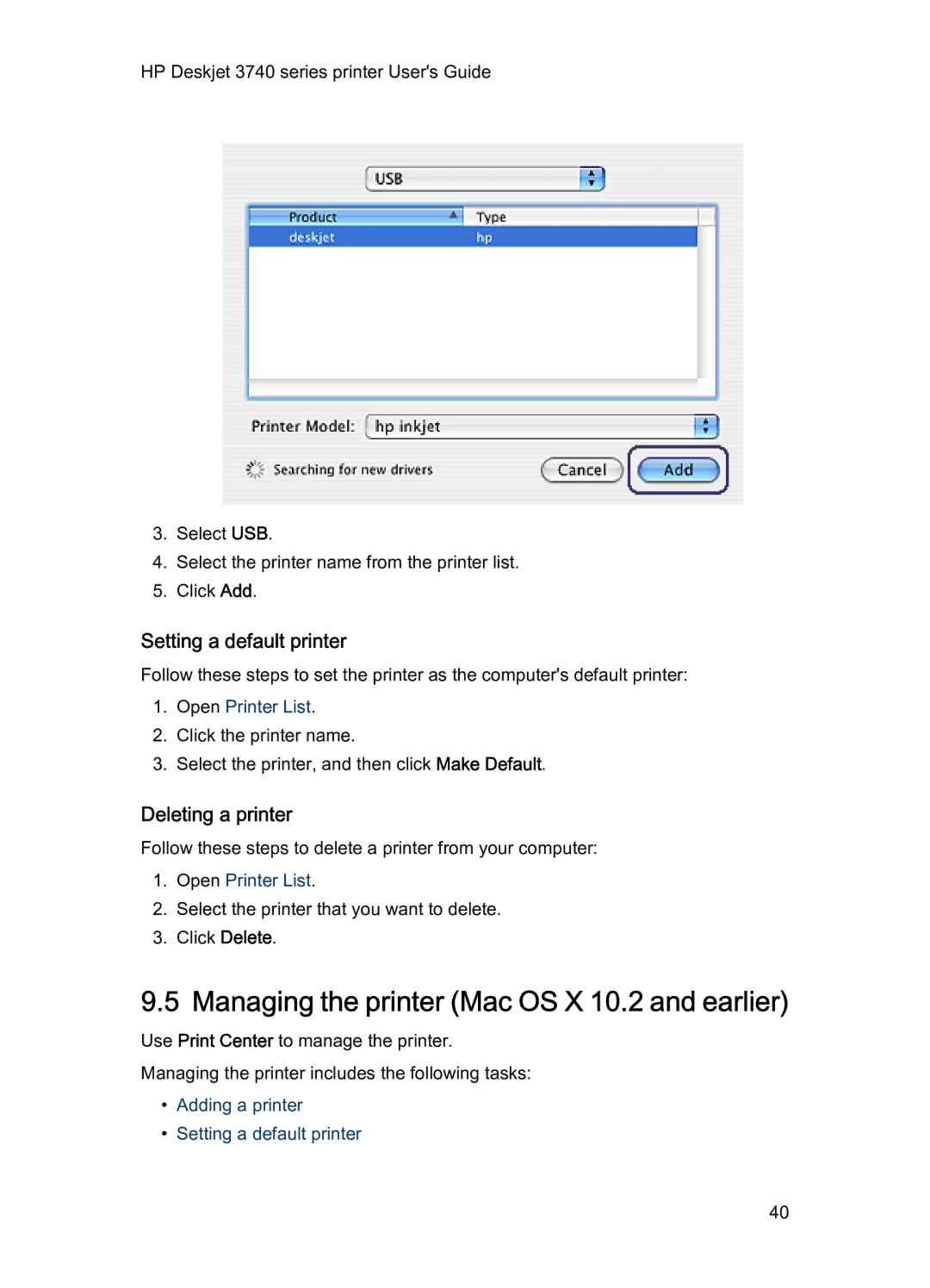 HP 3740 manual Managing the printer Mac OS X 10.2 and earlier, Setting a default printer, Deleting a printer 