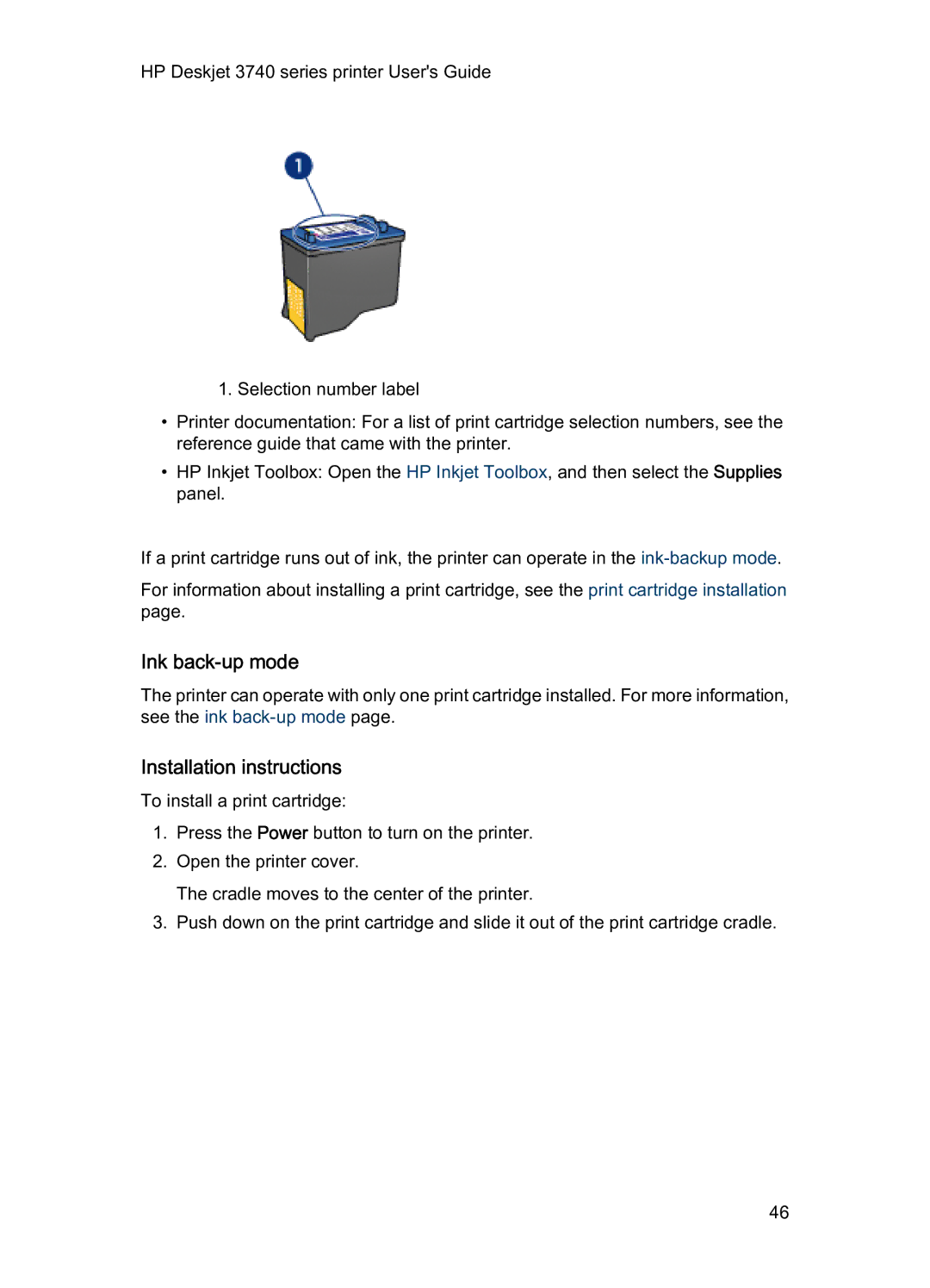 HP 3740 manual Ink back-up mode, Installation instructions 