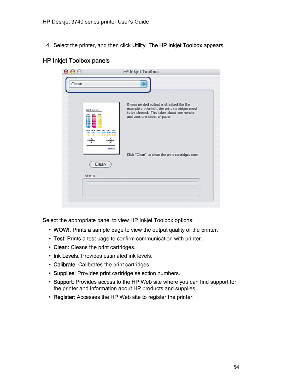 HP 3740 manual HP Inkjet Toolbox panels 