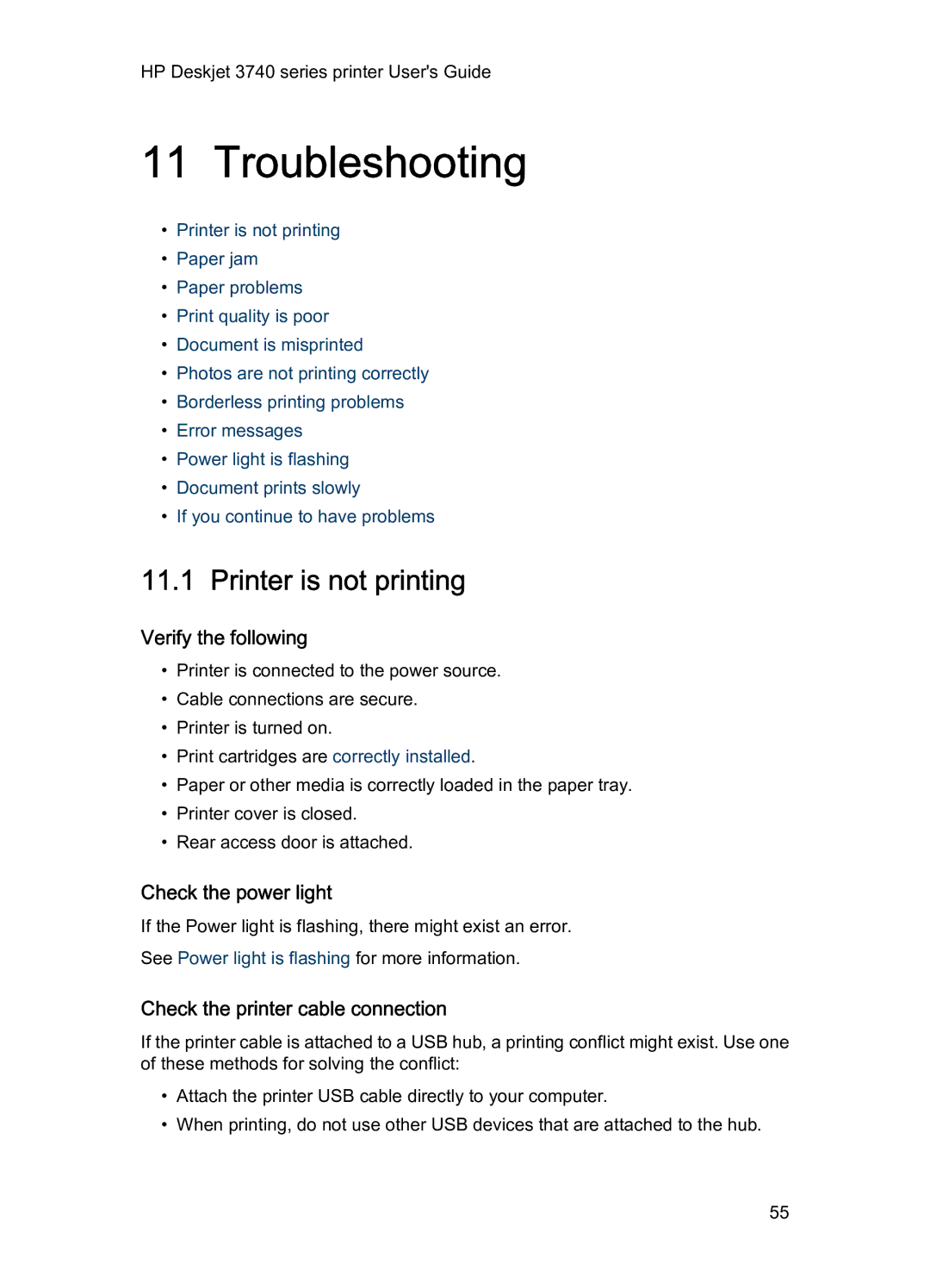 HP 3740 manual Troubleshooting, Printer is not printing, Verify the following, Check the power light 