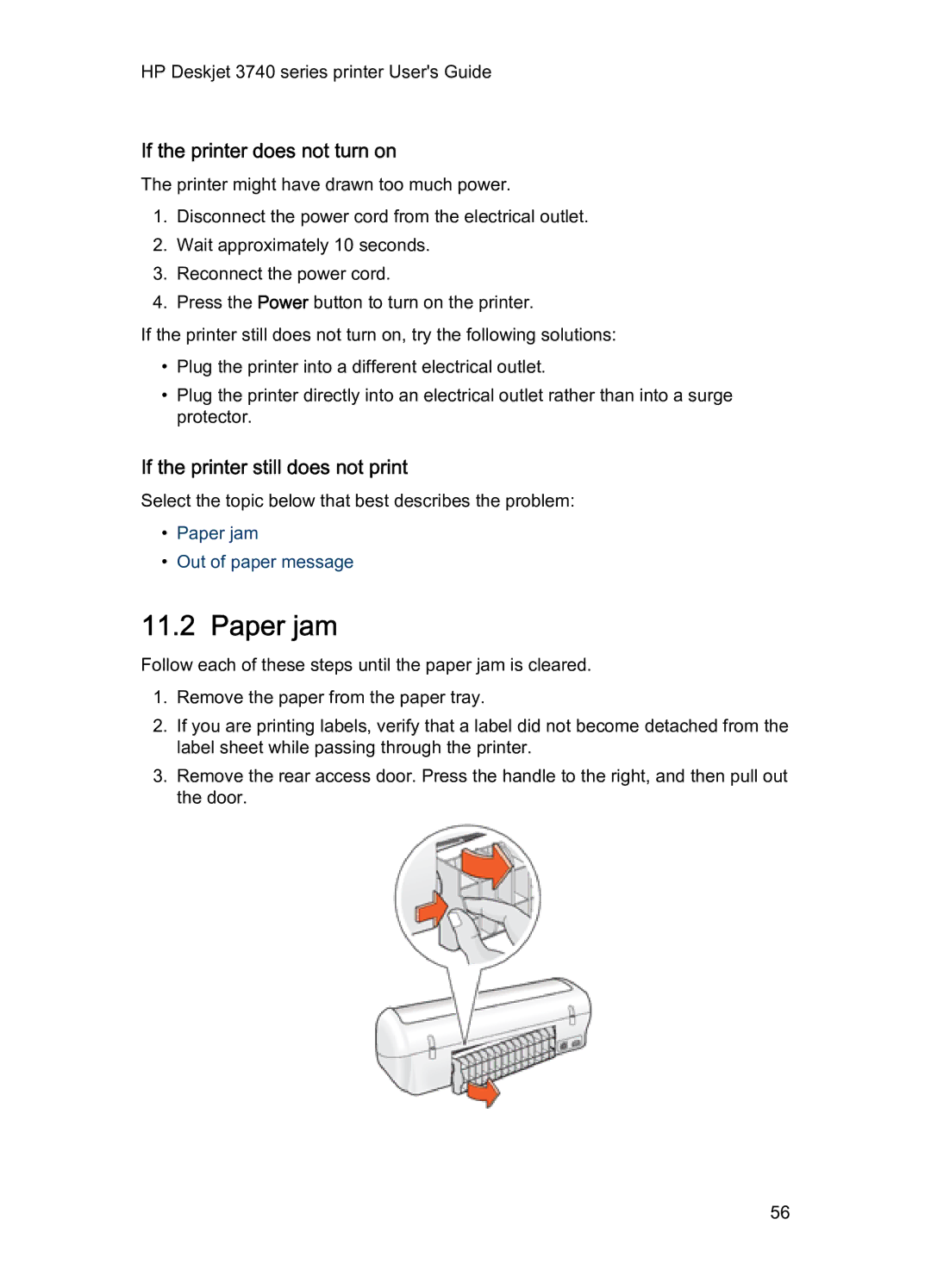 HP 3740 manual Paper jam, If the printer does not turn on, If the printer still does not print 