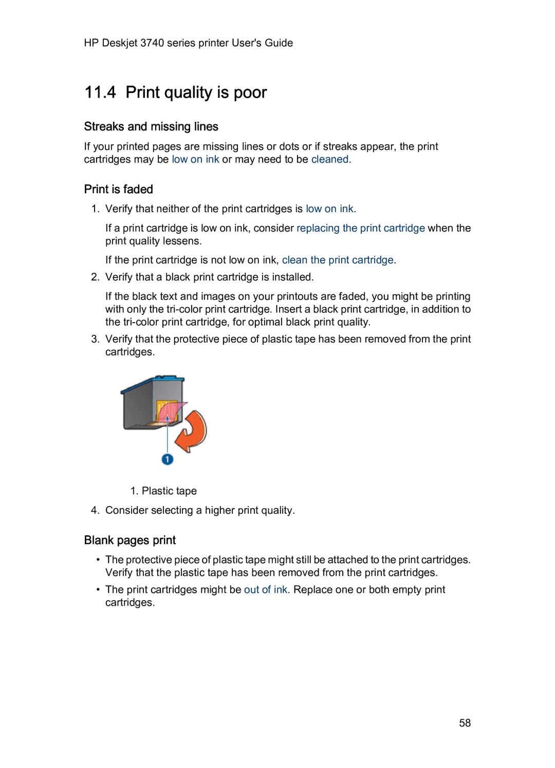 HP 3740 manual Print quality is poor, Streaks and missing lines, Print is faded, Blank pages print 