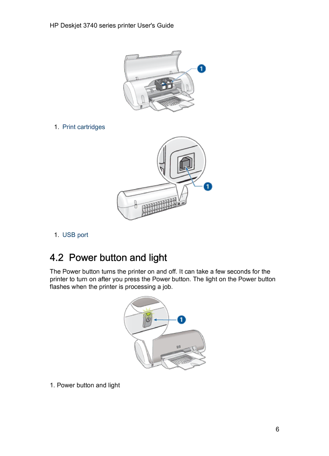 HP 3740 manual Power button and light 