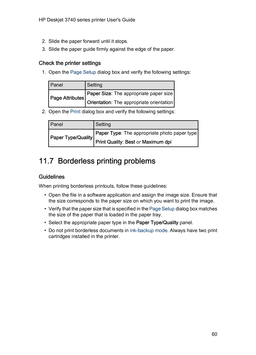 HP 3740 manual Borderless printing problems, Check the printer settings 