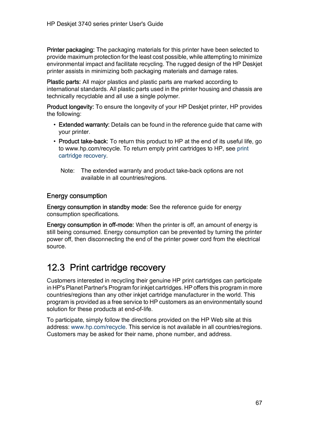 HP 3740 manual Print cartridge recovery, Energy consumption 