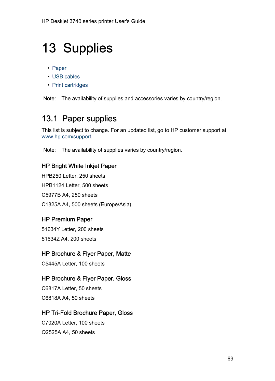 HP 3740 manual Supplies, Paper supplies 